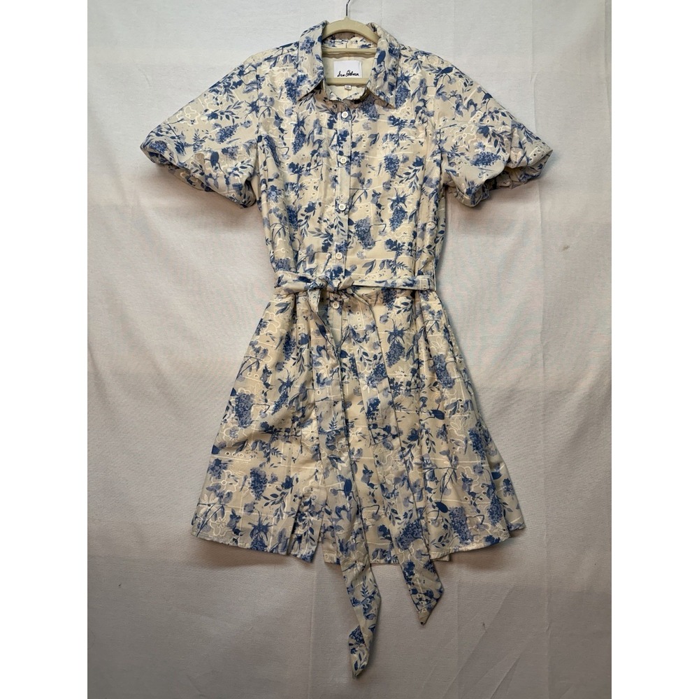 Sam Edelman Blue White Floral Eyelet Belted Shirt Dress Size 12 Short Sleeve‎